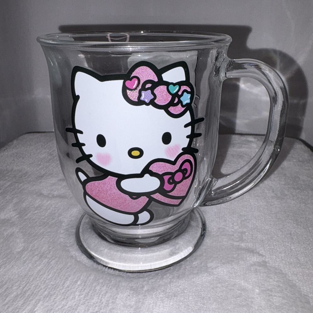 Hello Kitty Pink Glitter Heart On Clear Glass Coffee Tea Mug Cup 15oz New